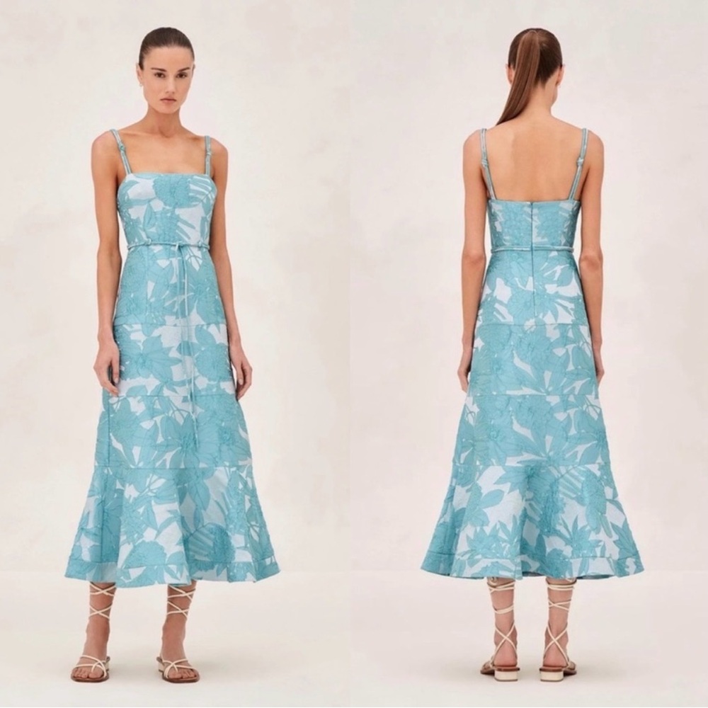 EUC Alexis Delphine Sash-Tie Embroidered Jacquard Midi Dress Tuscan Blue Sz L